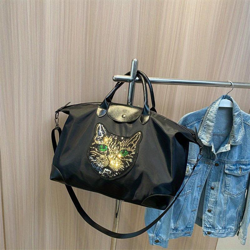 Cat Pattern Sequins Decor Travel Bag Lightweight Overnight Luggage Bag