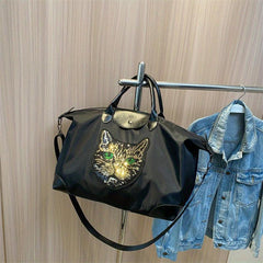 Cat Pattern Sequins Decor Travel Bag Lightweight Overnight Luggage Bag