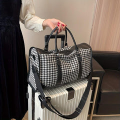 Large Capacity Houndstooth Duffle Bag Lightweight Zipper Handbag Sports Bag