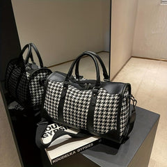 Large Capacity Houndstooth Duffle Bag Lightweight Zipper Handbag Sports Bag