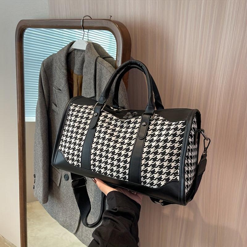 Large Capacity Houndstooth Duffle Bag Lightweight Zipper Handbag Sports Bag