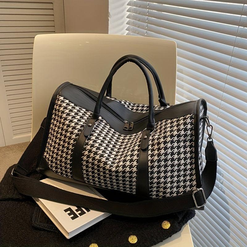 Large Capacity Houndstooth Duffle Bag Lightweight Zipper Handbag Sports Bag