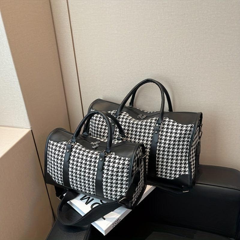 Large Capacity Houndstooth Duffle Bag Lightweight Zipper Handbag Sports Bag