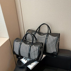 Large Capacity Houndstooth Duffle Bag Lightweight Zipper Handbag Sports Bag