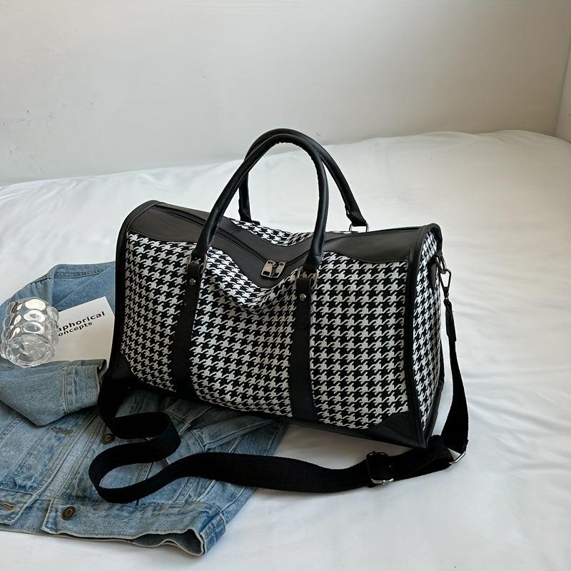 Large Capacity Houndstooth Duffle Bag Lightweight Zipper Handbag Sports Bag