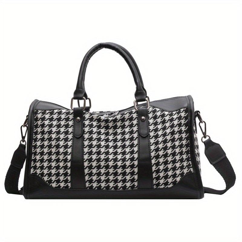 Large Capacity Houndstooth Duffle Bag Lightweight Zipper Handbag Sports Bag