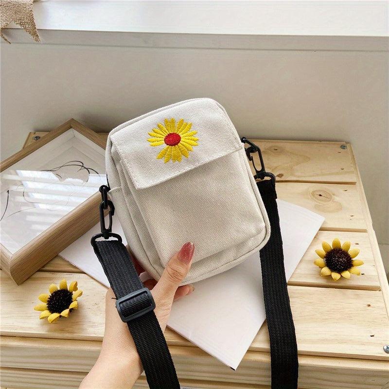 Mini Daisy Embroidered Decor Messenger Bag Small Canvas Crossbody Bag