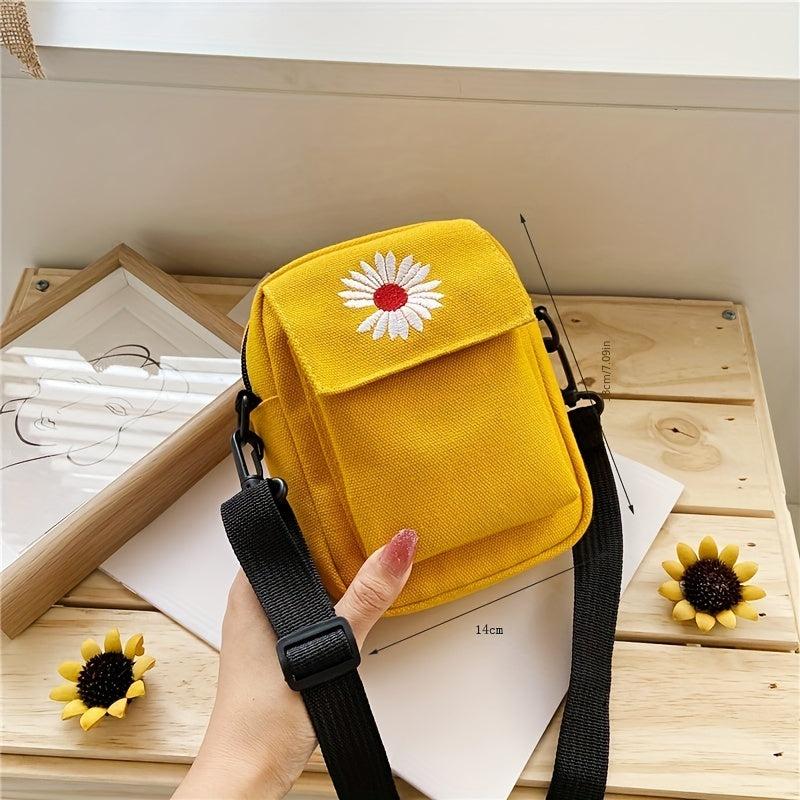 Mini Daisy Embroidered Decor Messenger Bag Small Canvas Crossbody Bag