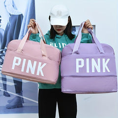 Pink Print Sports Bag Zipper Portable Luggage Handbag Lightweight