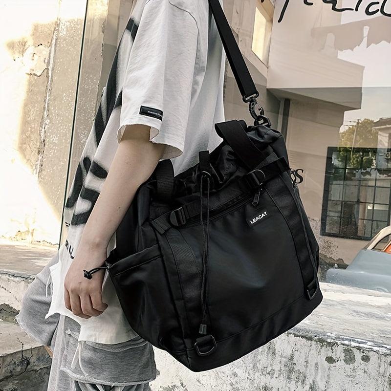 Large Capacity Drawstring Shoulder Bag Solid Nylon Crossbody Bag