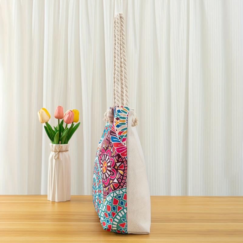 Geometric Floral Pattern Beach Tote Bag Large Capacity Shoulder Bag