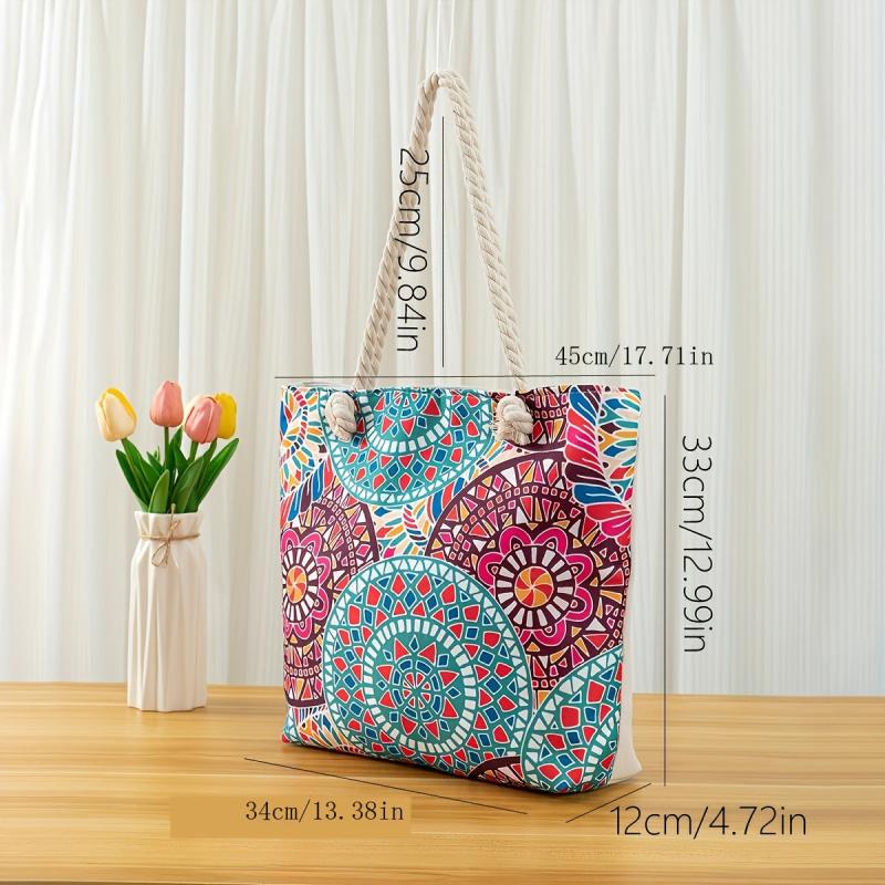 Geometric Floral Pattern Beach Tote Bag Large Capacity Shoulder Bag