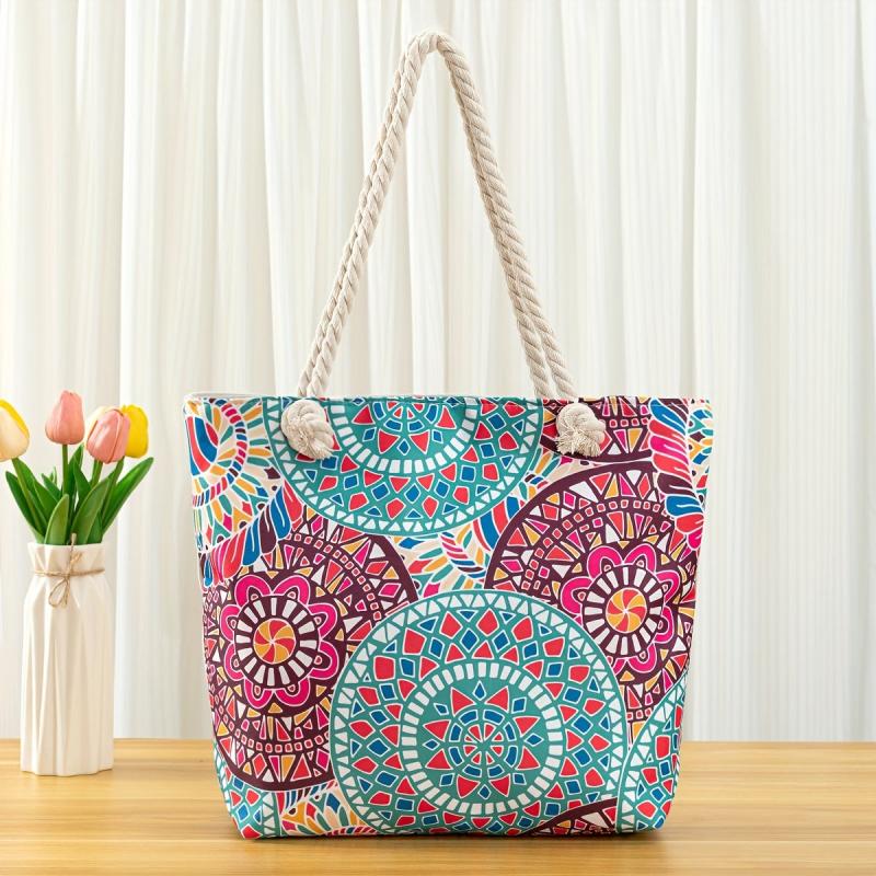 Geometric Floral Pattern Beach Tote Bag Large Capacity Shoulder Bag