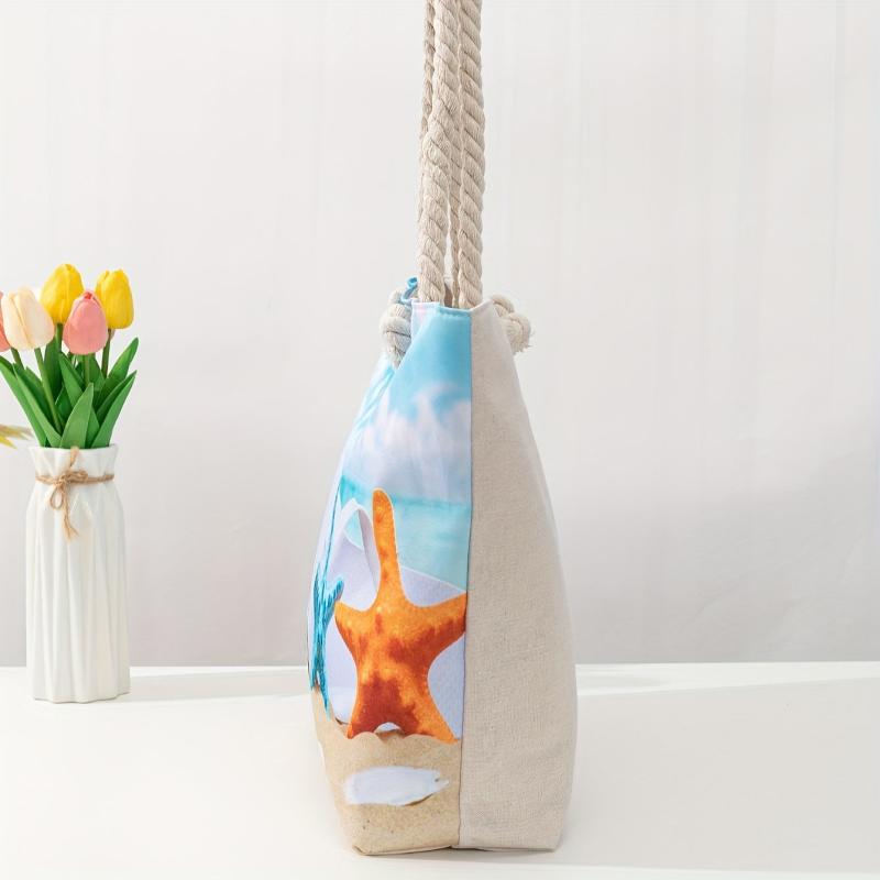 Beach Printed Linen Tote Bag Large Capacity Canvas Bag For Women