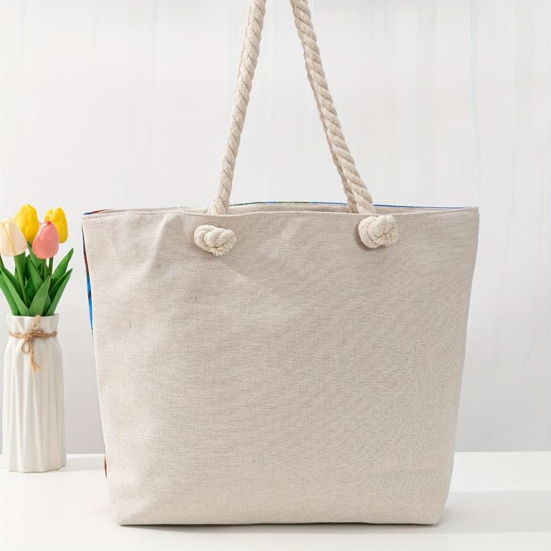 Beach Printed Linen Tote Bag Large Capacity Canvas Bag For Women