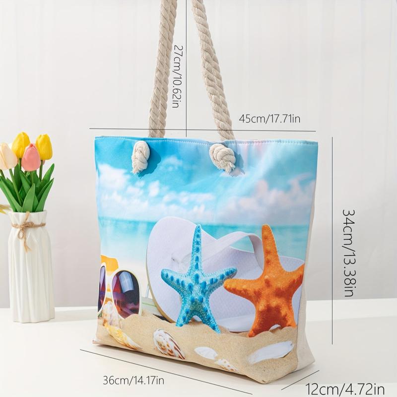 Beach Printed Linen Tote Bag Large Capacity Canvas Bag For Women