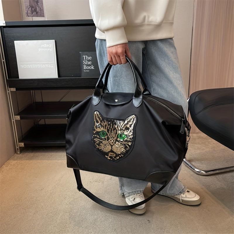 Sequins Cat Pattern Duffle Bag Lightweight Large Capacity Luggage