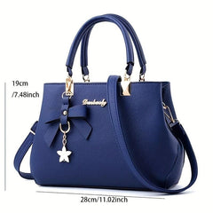 Bow Decor Handbags Solid Satchel Purse Women's PU Leather Crossbody Bag
