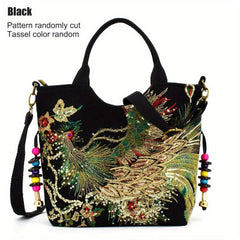 Embroidered Satchel Bag Double Handle Purse Retro Style Handbag
