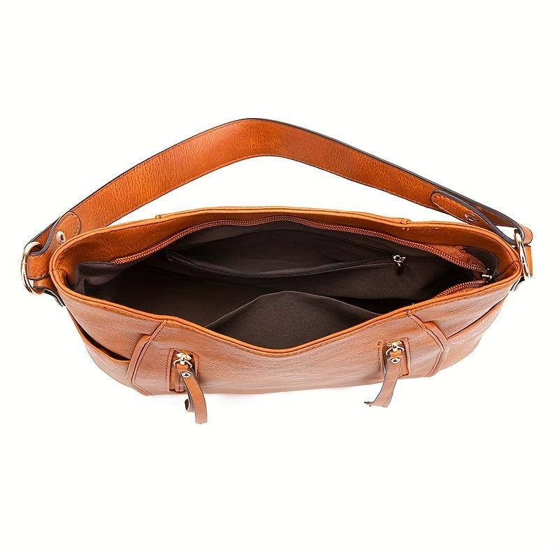 Large Retro Hobo Bag Solid Faux Leather Shoulder Bag Women's Handbag