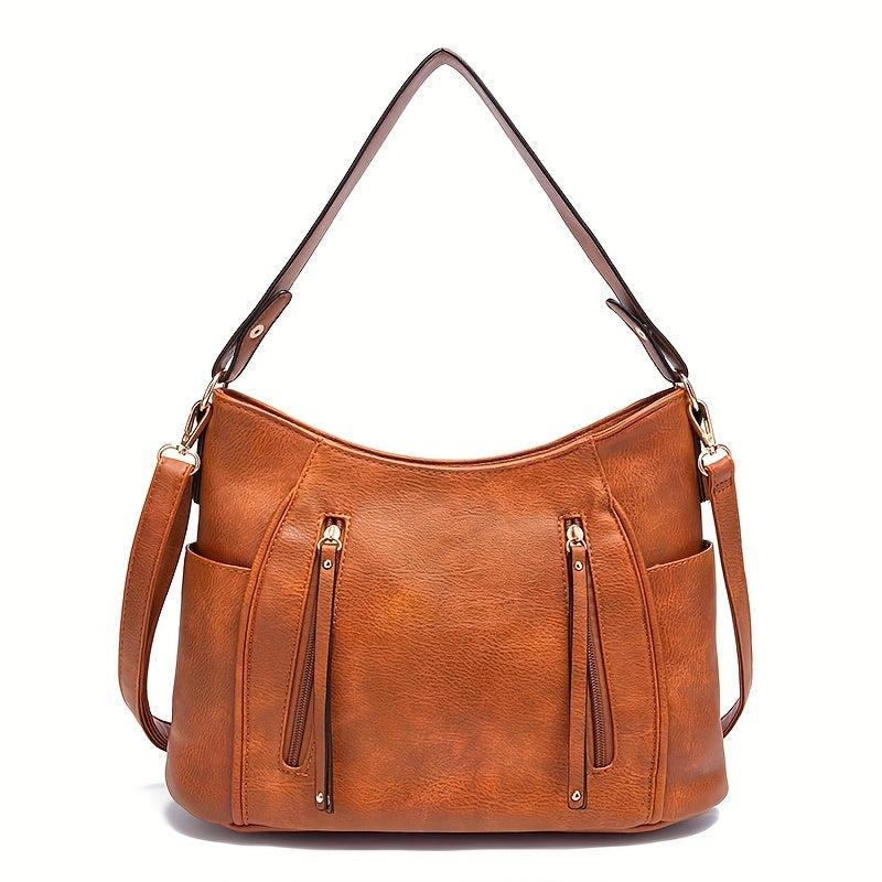 Large Retro Hobo Bag Solid Faux Leather Shoulder Bag Women's Handbag
