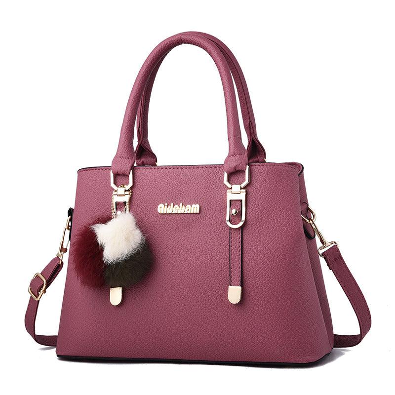 Litchi Pattern Satchel Bag Plush Ball Hand Bag