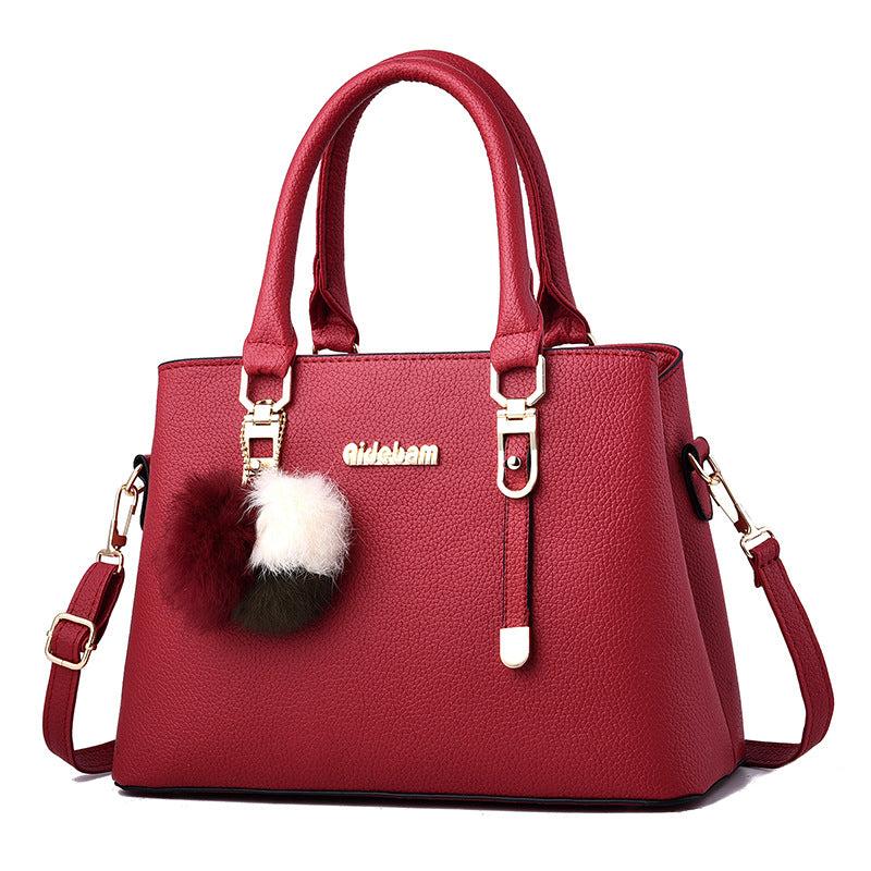 Litchi Pattern Satchel Bag Plush Ball Hand Bag