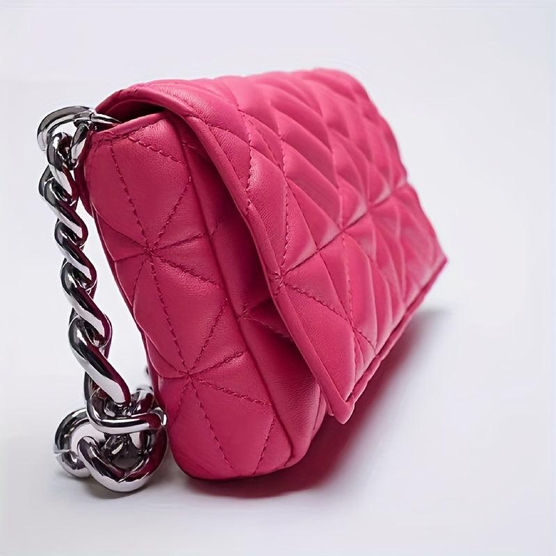 Quilted Clutch Bag Flap Magnet Handbag Chain Decor PU Leather