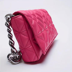 Quilted Clutch Bag Flap Magnet Handbag Chain Decor PU Leather