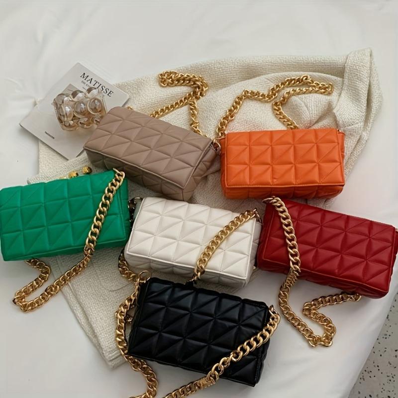 Quilted Clutch Bag Flap Magnet Handbag Chain Decor PU Leather