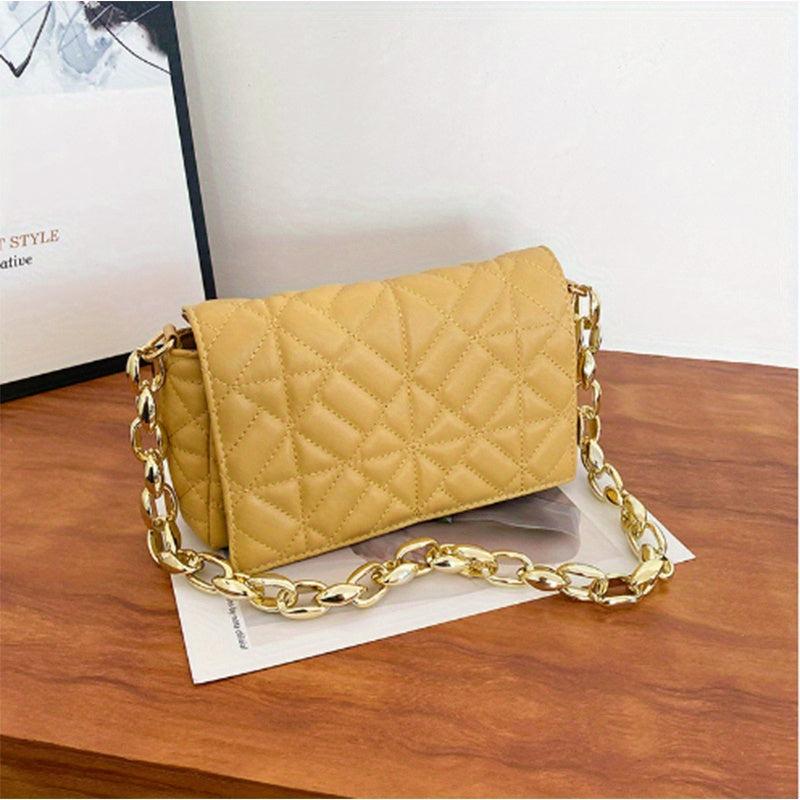 Quilted Clutch Bag Flap Magnet Handbag Chain Decor PU Leather