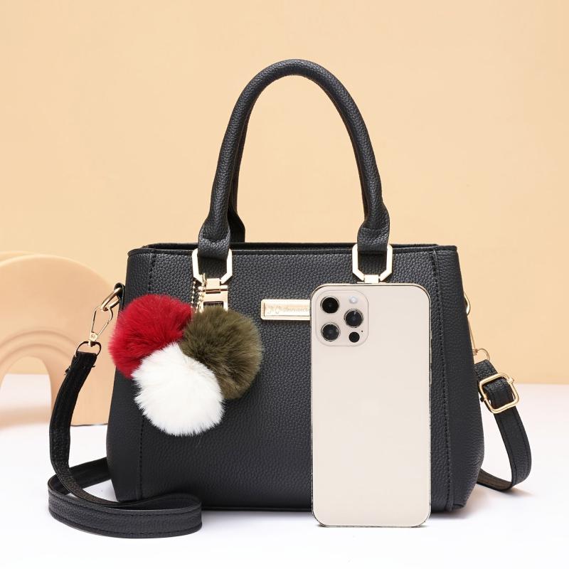 Pompom Decor Handbag Women's Double Handle Purse PU Crossbody Bag