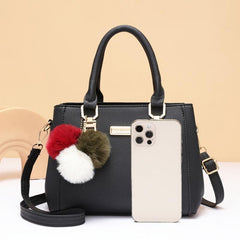 Pompom Decor Handbag Women's Double Handle Purse PU Crossbody Bag