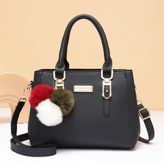 Pompom Decor Handbag Women's Double Handle Purse PU Crossbody Bag