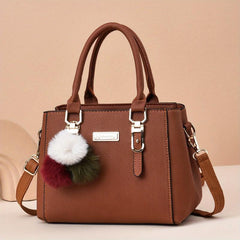 Satchel Bag with Pompom & Metal Decor Crossbody Purse