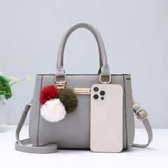 Satchel Bag with Pompom & Metal Decor Crossbody Purse