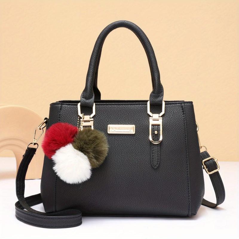 Satchel Bag with Pompom & Metal Decor Crossbody Purse