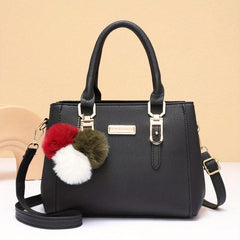 Satchel Bag with Pompom & Metal Decor Crossbody Purse
