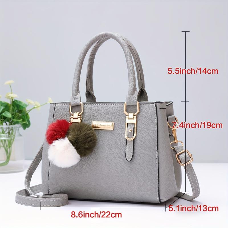 Satchel Bag with Pompom & Metal Decor Crossbody Purse