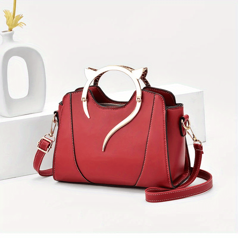 Cat Shape Handle Zipper Bag Solid Shoulder Purse Crossbody Bag