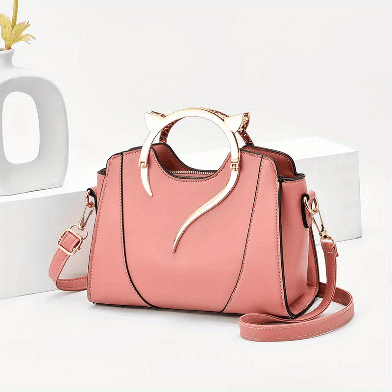 Cat Shape Handle Zipper Bag Solid Shoulder Purse Crossbody Bag