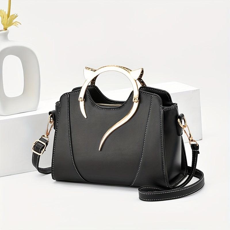 Cat Shape Handle Zipper Bag Solid Shoulder Purse Crossbody Bag