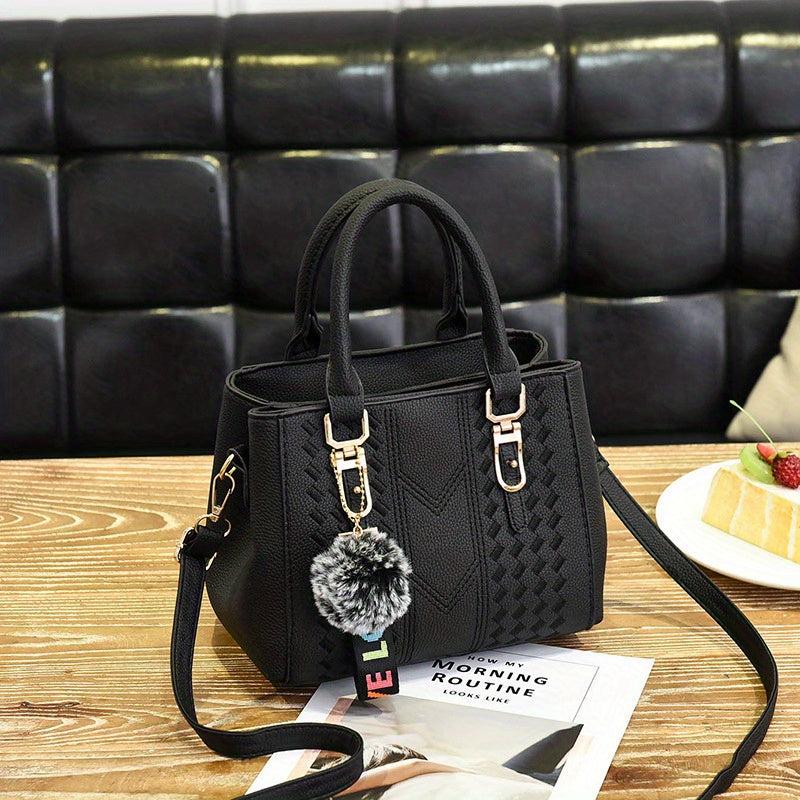 Embroidery Detail Crossbody Bag Pompom Decor Top Handle Purse