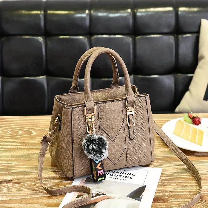 Embroidery Detail Crossbody Bag Pompom Decor Top Handle Purse