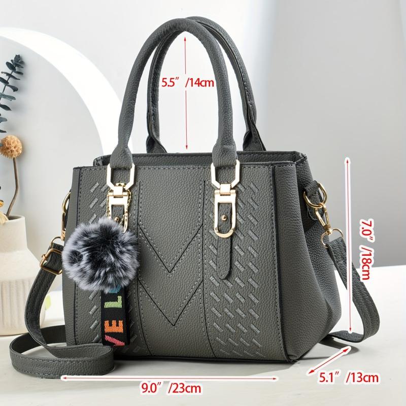 Embroidery Detail Crossbody Bag Pompom Decor Top Handle Purse