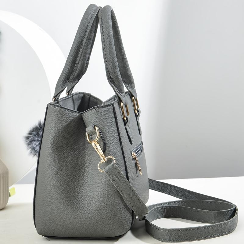Embroidery Detail Crossbody Bag Pompom Decor Top Handle Purse