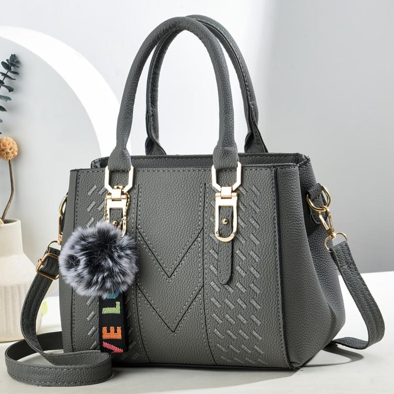 Embroidery Detail Crossbody Bag Pompom Decor Top Handle Purse