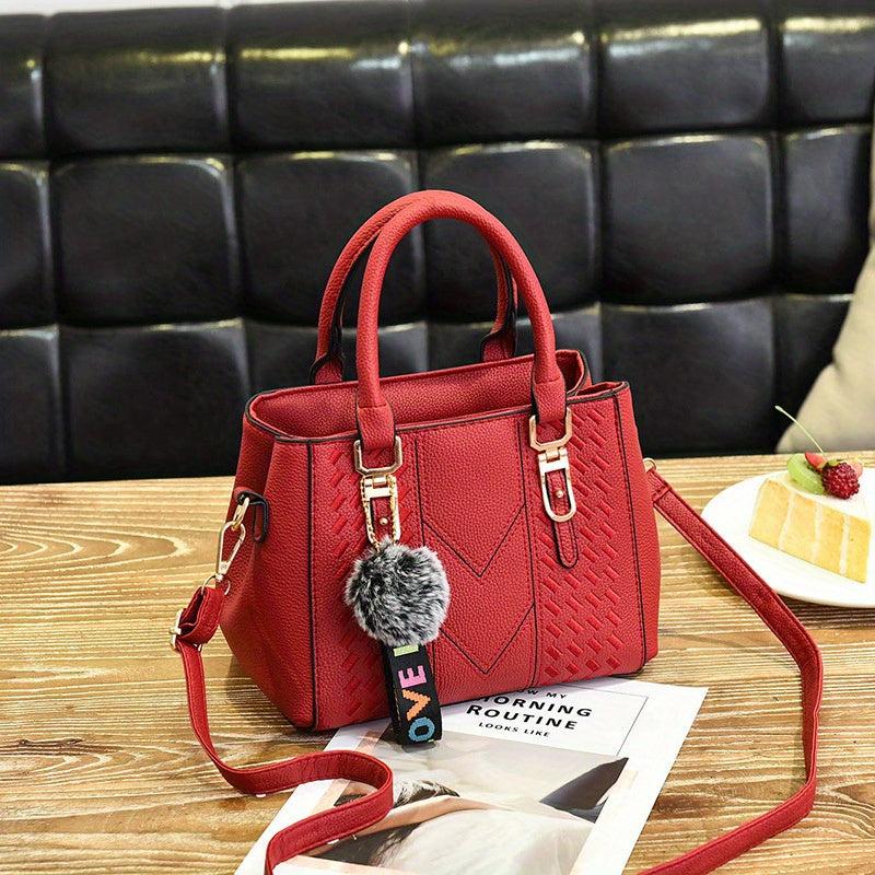 Embroidery Detail Crossbody Bag Pompom Decor Top Handle Purse