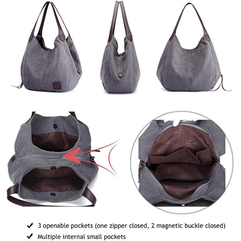 Letter Patch Decor Canvas Hobo Bag Zipper Handbag