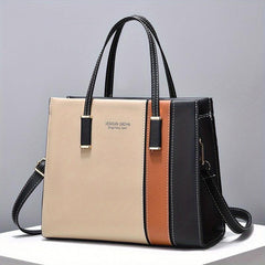 Large Capacity Block Shoulder Bag Zipper Tote Faux Leather Crossbody Bag